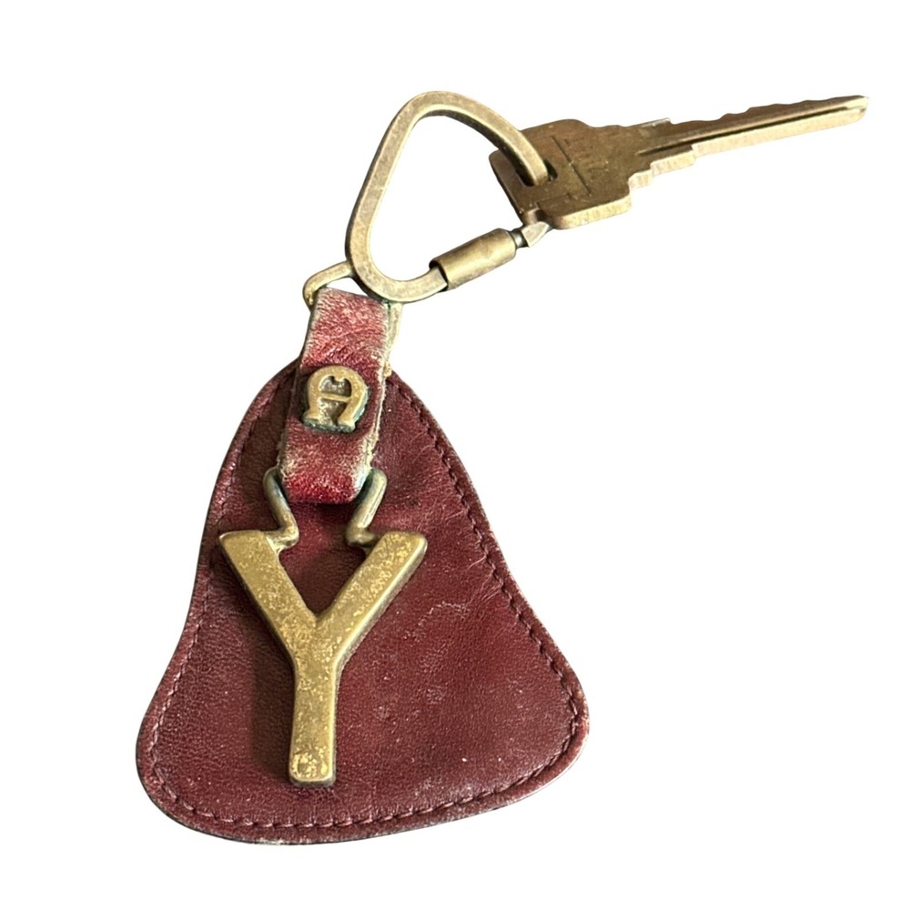 Vintage Etienne Aigner Burgundy Leather Keychain Initial Y Made in Italy Brass